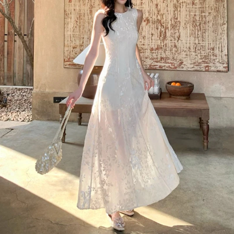 YQGFS#2025月光女神白色薄纱背心连衣裙子女开春度假穿搭掐腰裙