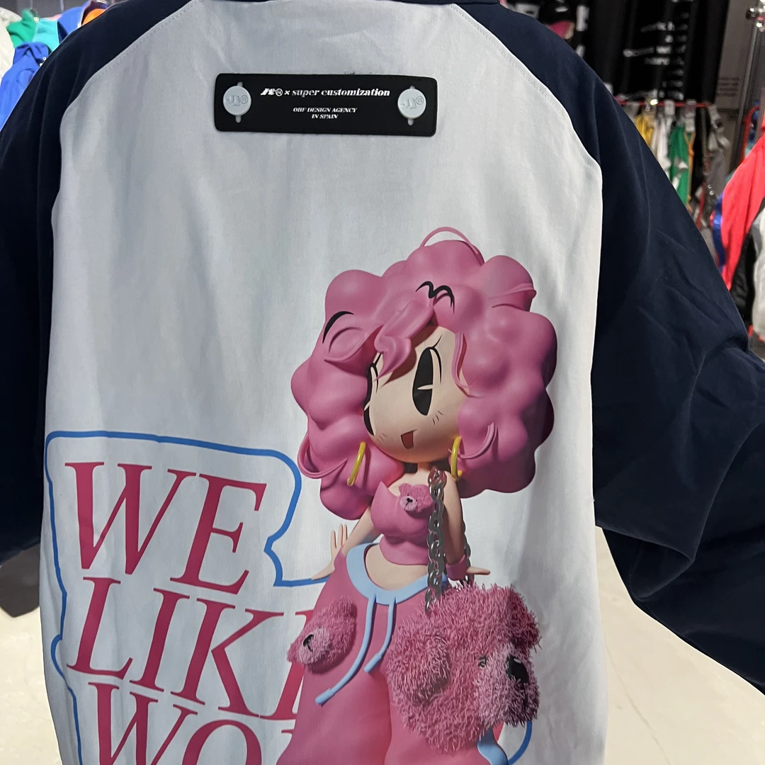 韩版T恤拼接圆领长袖美式风卡通潮流印花慵懒风情侣装插肩袖