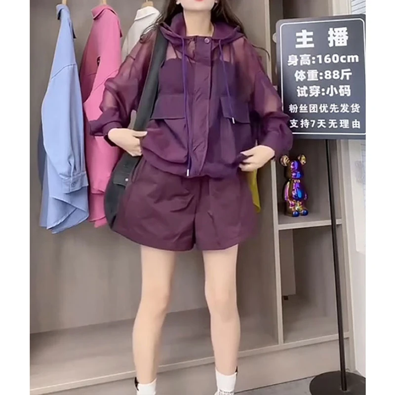 欧货紫色大码防晒套装女夏轻薄透气防晒衣显瘦运动休闲短裤两件套