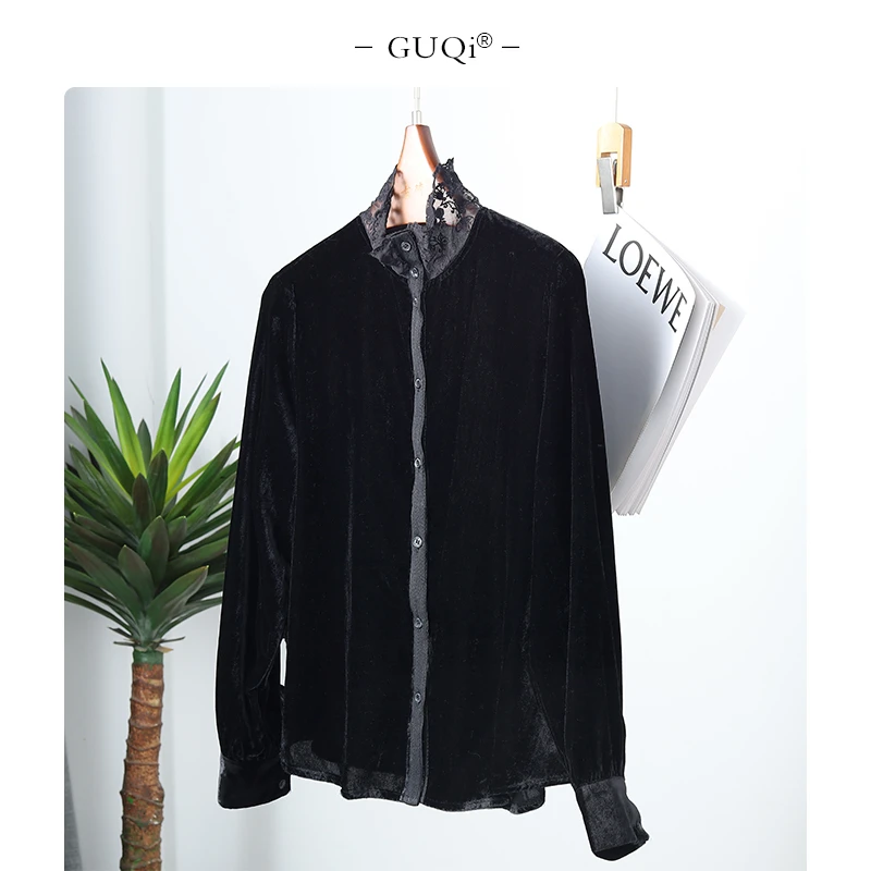 【2025古琦推荐】早春新款个性蕾丝立领丝绒衬衫时髦高级感衬衣2736