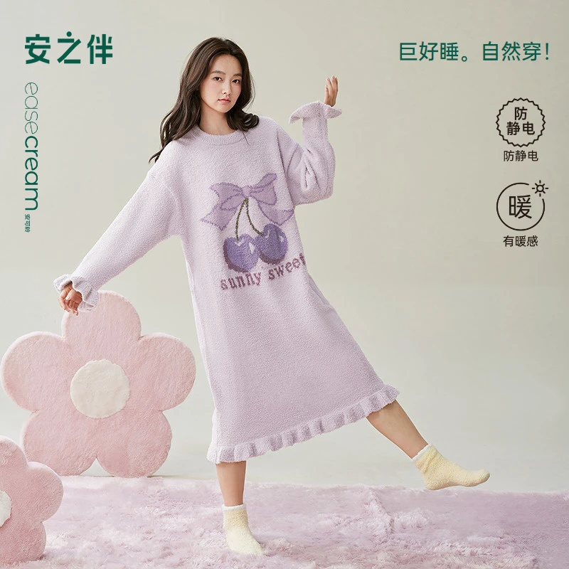 安之伴时尚半边绒2025新款加绒保暖睡裙女甜美家居服82442321525