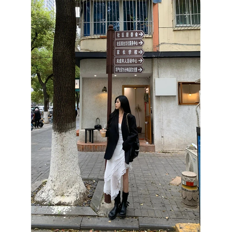 2025秋季新款时尚韩系简约慵懒风宽松长袖外套高腰百搭显瘦半身裙