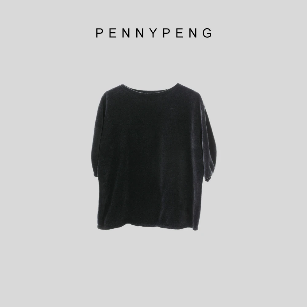 PENNYPENG黑色基调早秋显瘦气质时尚百搭黑色百搭简约圆领上衣