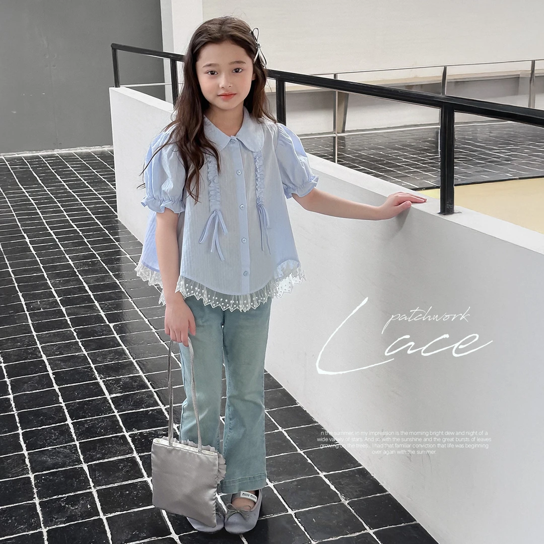 【乖乖女】蓝小爸童装女童蕾丝拼接娃娃衫夏季不规则宝宝衬衣