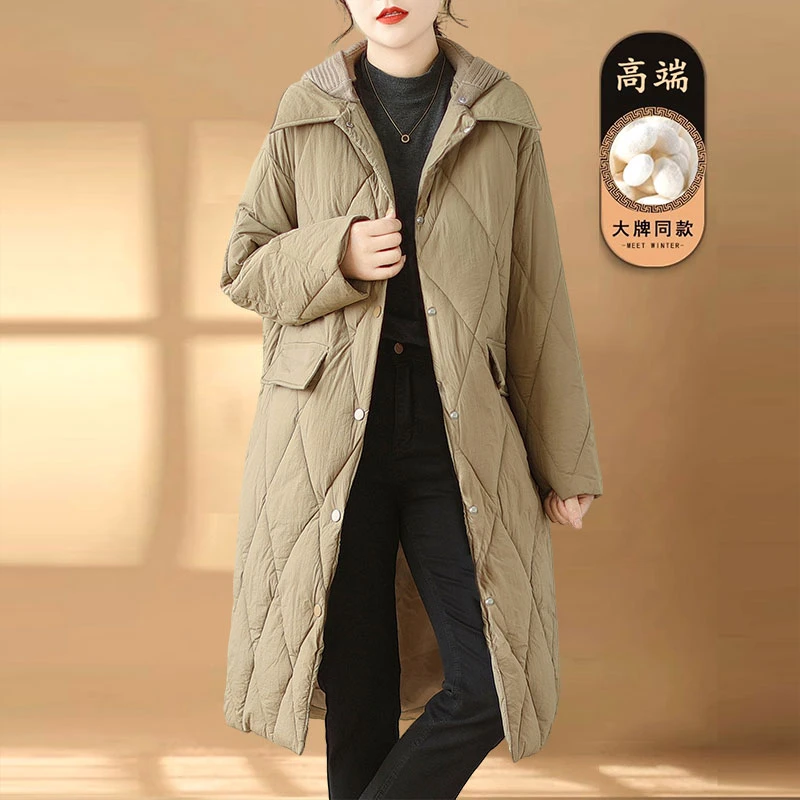 2025冬季时尚新款文艺复古洋气菱格大码棉服女宽松时尚中长款棉衣