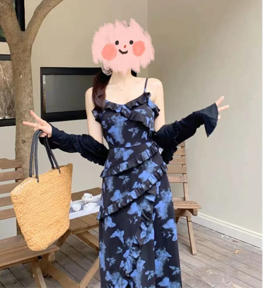 大码度假风微胖遮胯碎花连衣裙开衫夏季吊带长裙两件套1870#