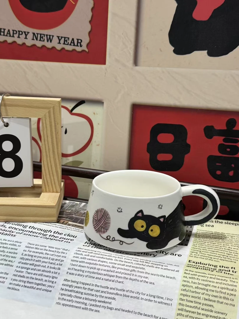 景德镇高温釉下彩纯手绘创意瓷  小黑猫毛线球早餐杯