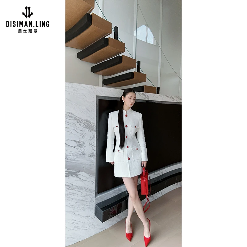 迪丝嫚苓白色小香风连衣裙气质新中式修身时尚小众设计感长袖优雅