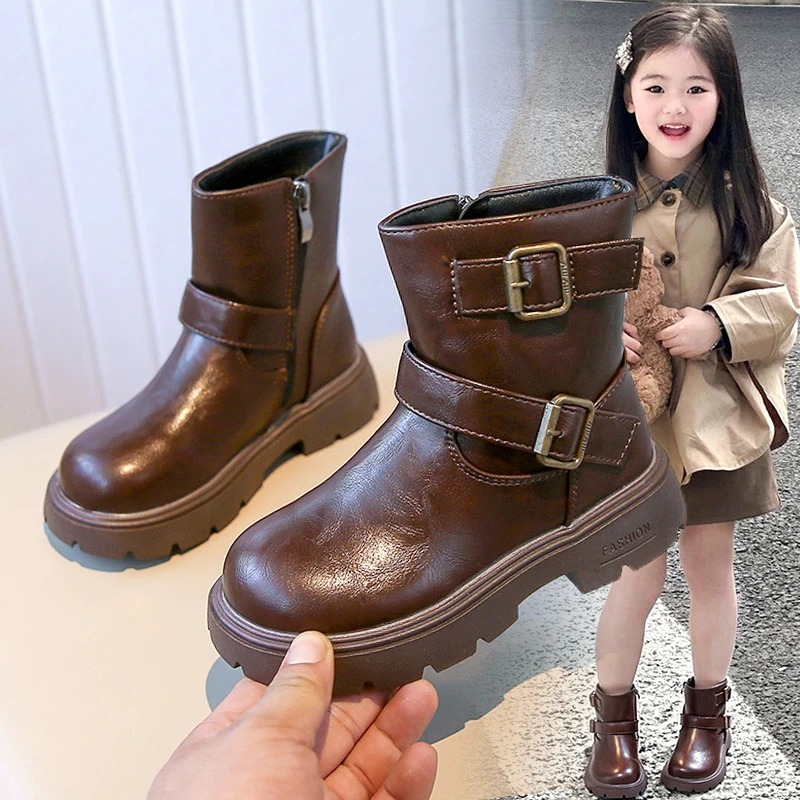 小黄鸭荣耀女童靴子马丁靴2025新款儿童英伦风时尚短靴中大童皮靴