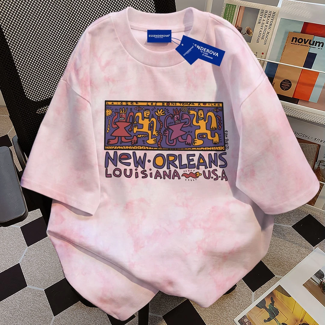 100%纯棉美式个性设计感扎染短袖t恤男女夏季宽松圆领情侣上衣ins