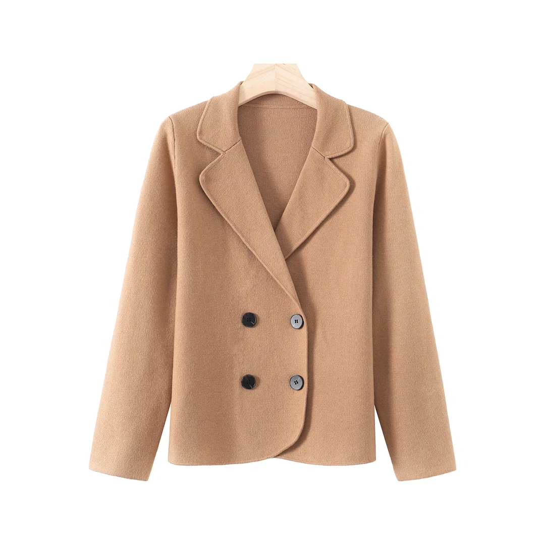 春秋新款时尚气质外套双排扣西装领上衣 针织外套女