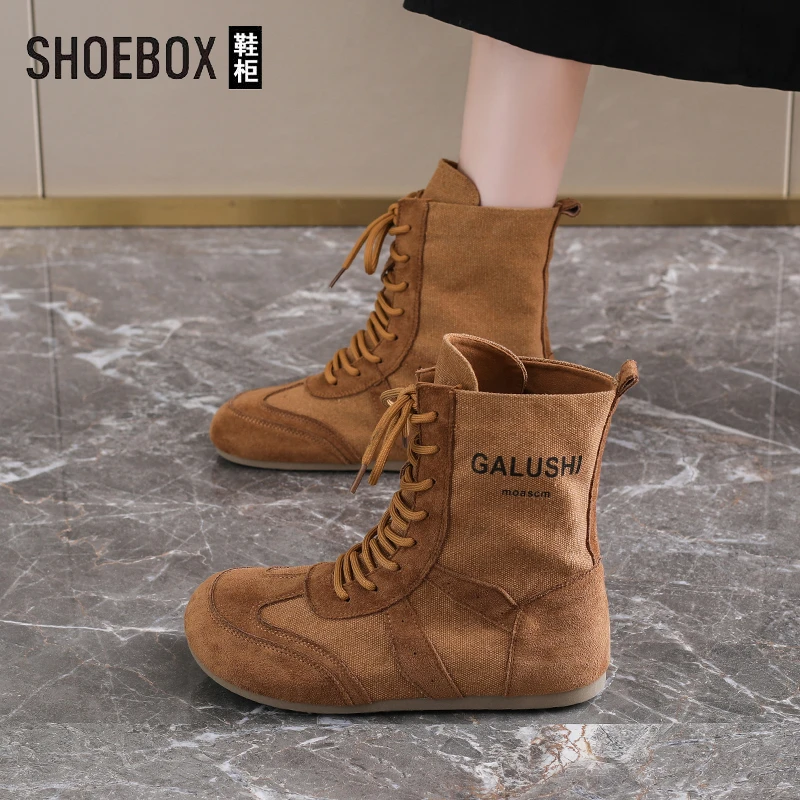 SHOEBOX鞋柜马丁靴女款2025新款秋季软底短靴西部牛仔沙漠帆布鞋
