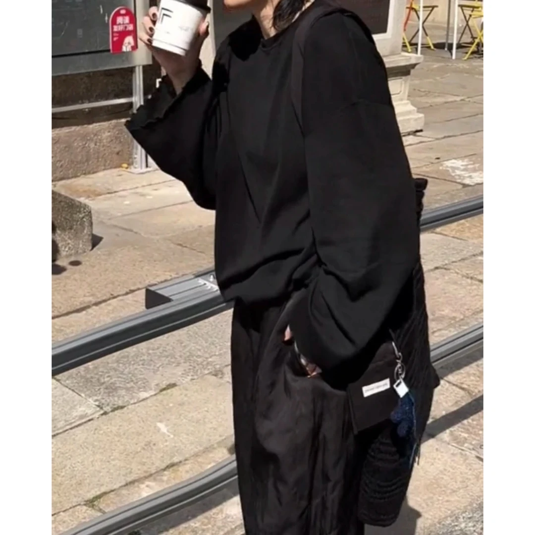 【旧里】春秋慵懒风圆领休闲宽松木耳边针织长袖上衣