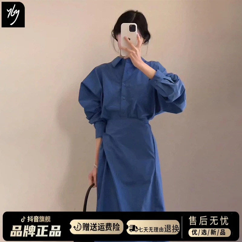 韩系翻领不规则设计长款衬衣连衣裙字女夏季2025新款法式春秋长裙