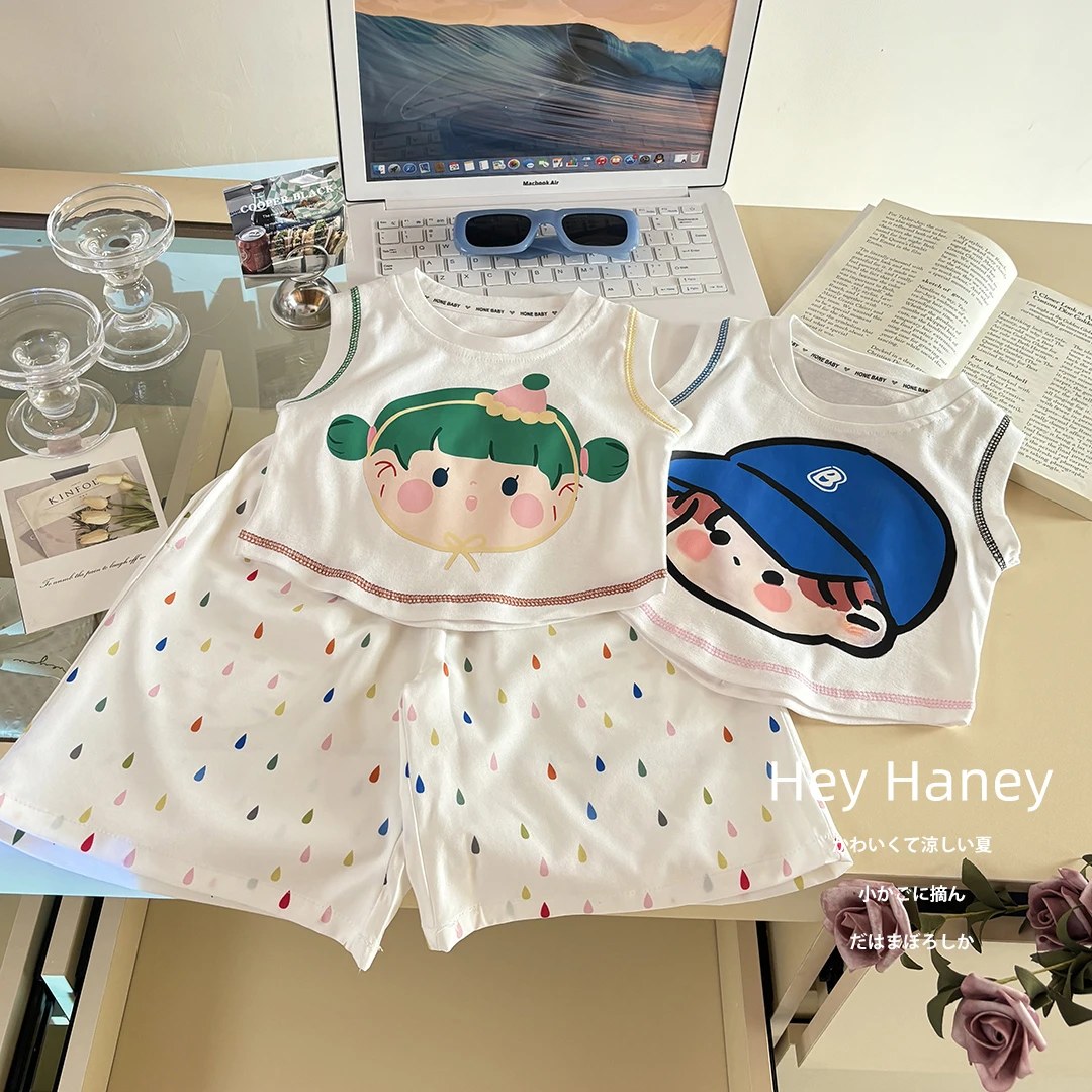 夏季两件套韩系女童男童2025宝宝度假卡通背心新款小雨点筒裤套装