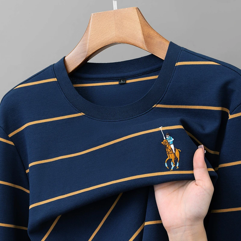 春秋款高档100%纯棉长袖T恤衫男士条纹休闲打底衫全棉体恤上衣潮