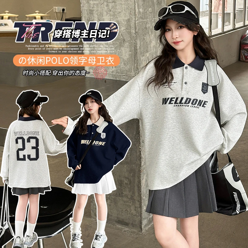 女童春秋卫衣8-11岁15春装新款中大童女学院风翻领POLO衫洋气上衣