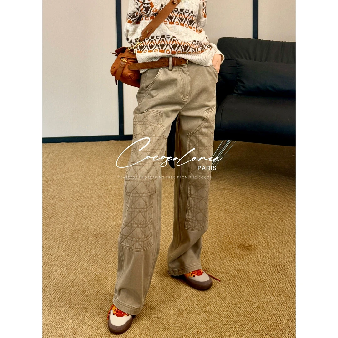 韩彬彬"菱格牛仔"100%纯棉菱格补丁复古工装宽松直筒牛仔裤3476-8