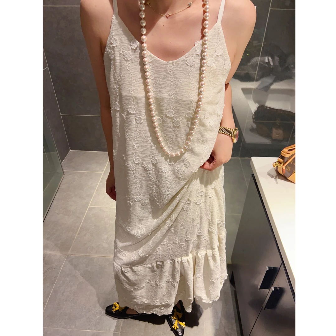 十三行亮丝水溶花朵吊带裙女度假风高级洋气简约长款蕾丝连衣裙