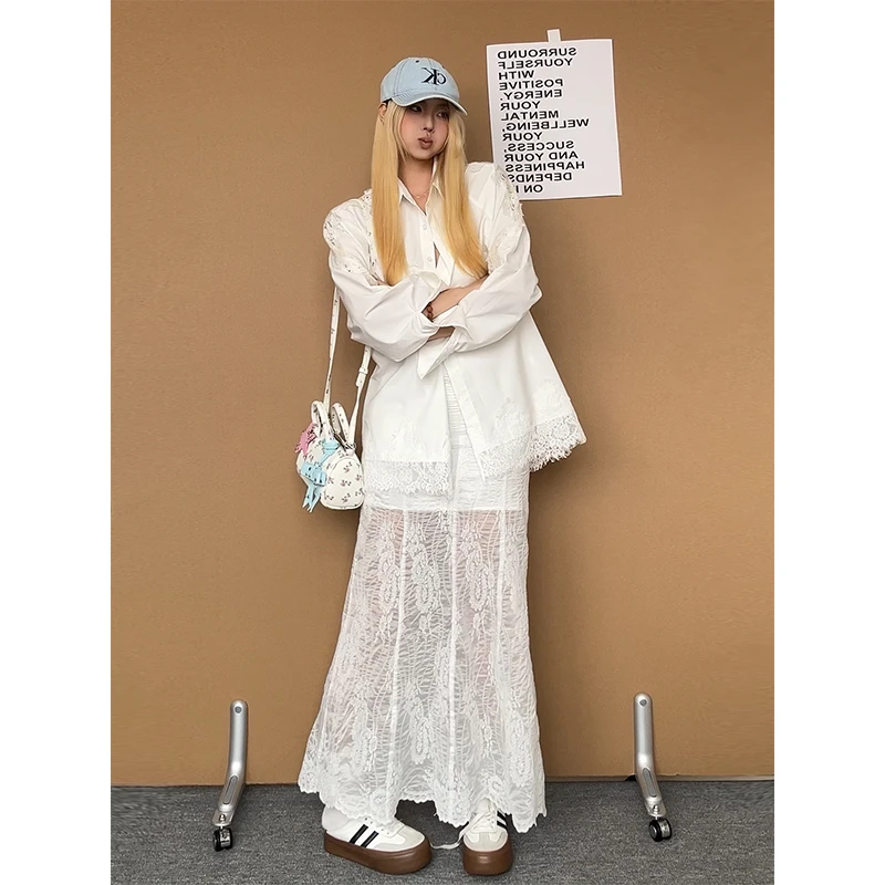 2025秋季新款韩系轻奢风宽松百搭长袖衬衫上衣高腰显瘦蕾丝半身裙