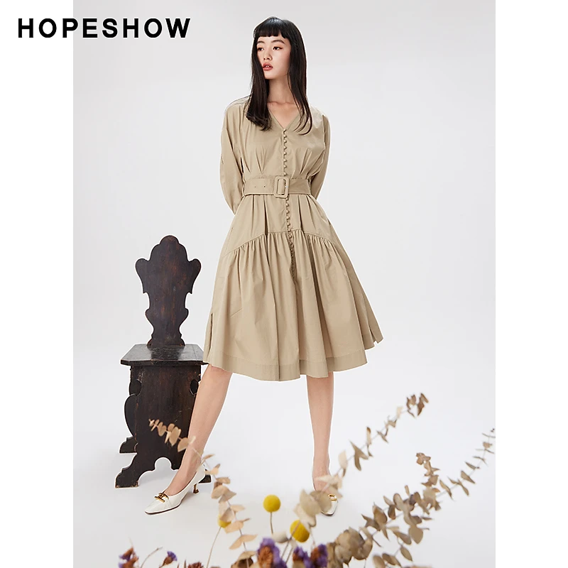 红袖春季新款女装 纯色V领套头衬衫式连衣裙89123291607