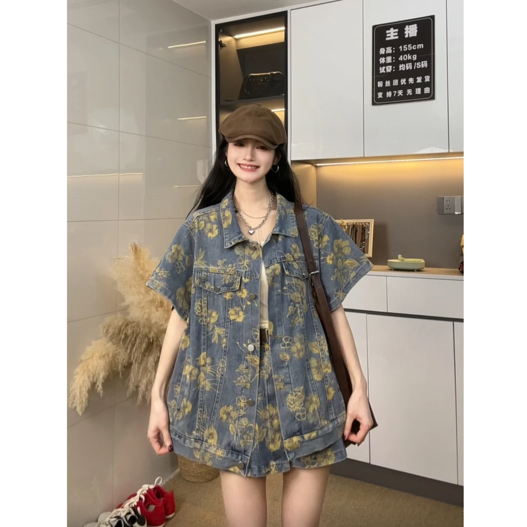 韩版时尚复古宽松花朵印花短袖牛仔外套+高腰显瘦半身裙套装女夏