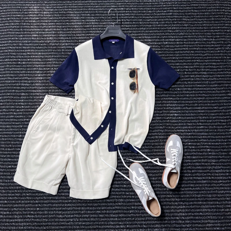 CssuGent那不勒斯皇后  拼色100%莱赛尔针织开衫男士短袖POLO衫潮