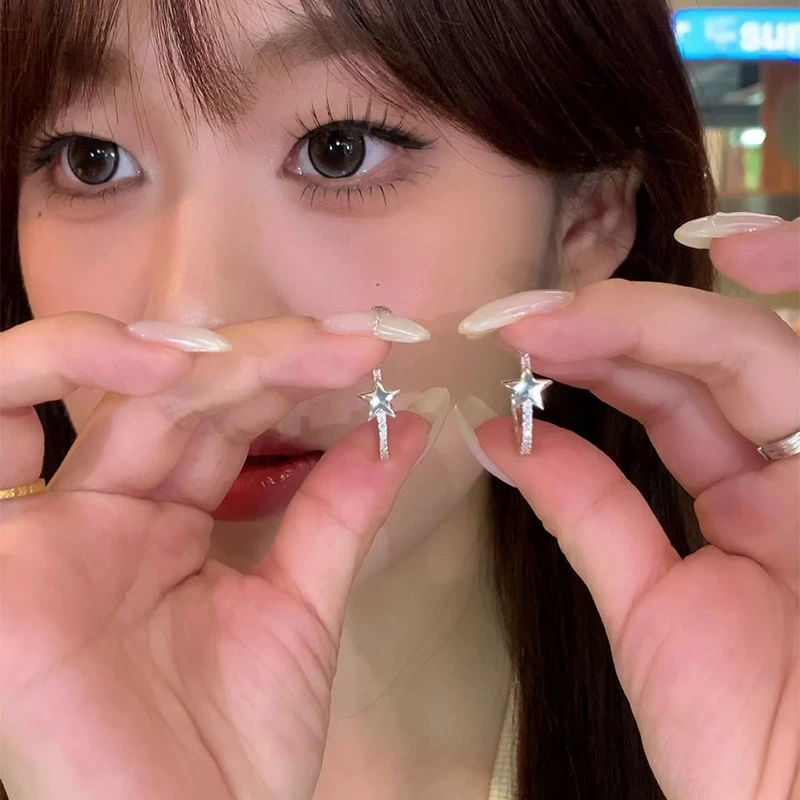 铜合金仿水晶耳饰 银质半环耳钩 五角星半圈精致耳饰新款耳饰
