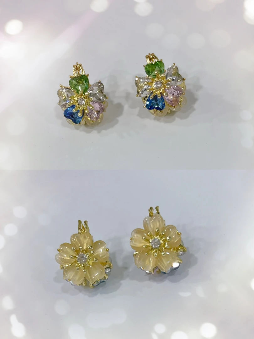 合金锆石耳饰 1439合金高级感彩晶樱花双面双色耳扣