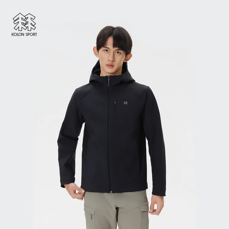 KOLON SPORT可隆软壳衣防泼水防风透湿保暖男士连帽拉绒软壳夹克