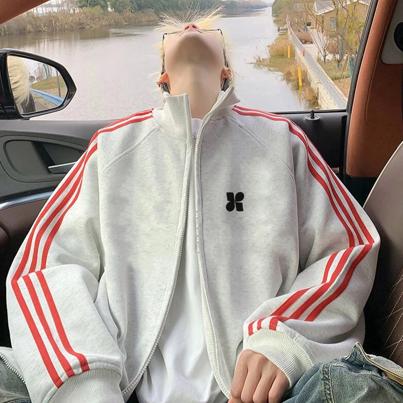 美式简约几何印花立领三条杠开衫拉链卫衣男女秋冬休闲情侣外套