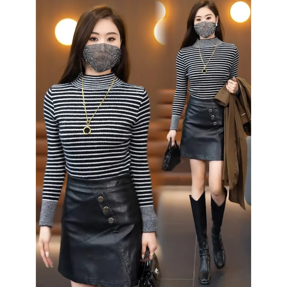 哥弟阿玛施正品时尚恤打底衫加厚女士秋冬新款仿水貂绒条纹毛衣洋