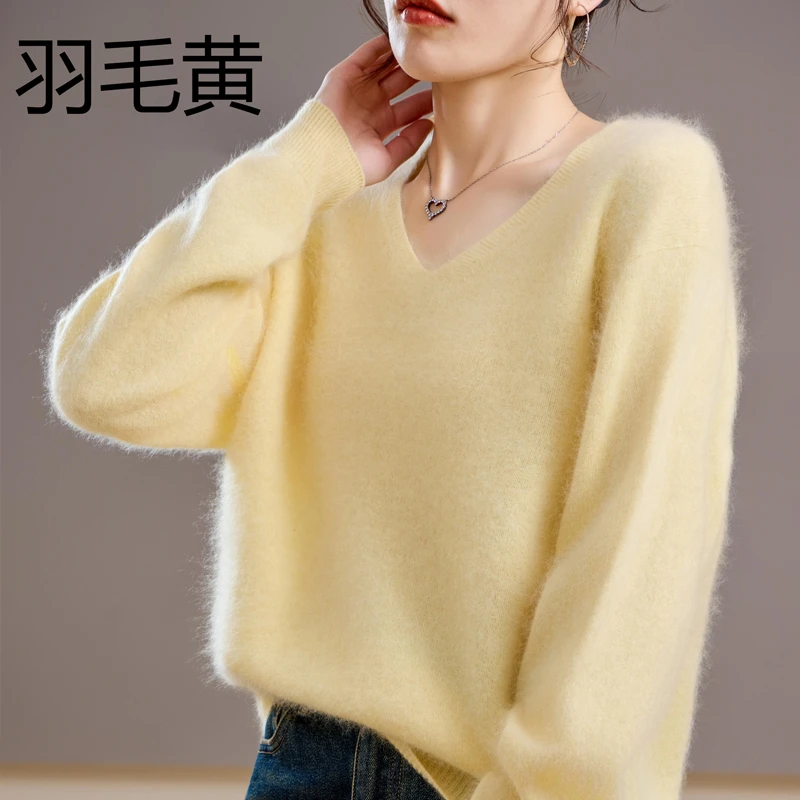 2025高级感新款秋冬拉绒羊毛衫羊绒衫女款V领宽松慵懒风休闲时装