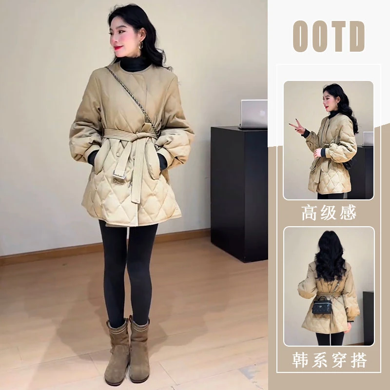 优雅气质菱形格女中长款风衣2025冬日新款加厚保暖收腰显瘦外套潮