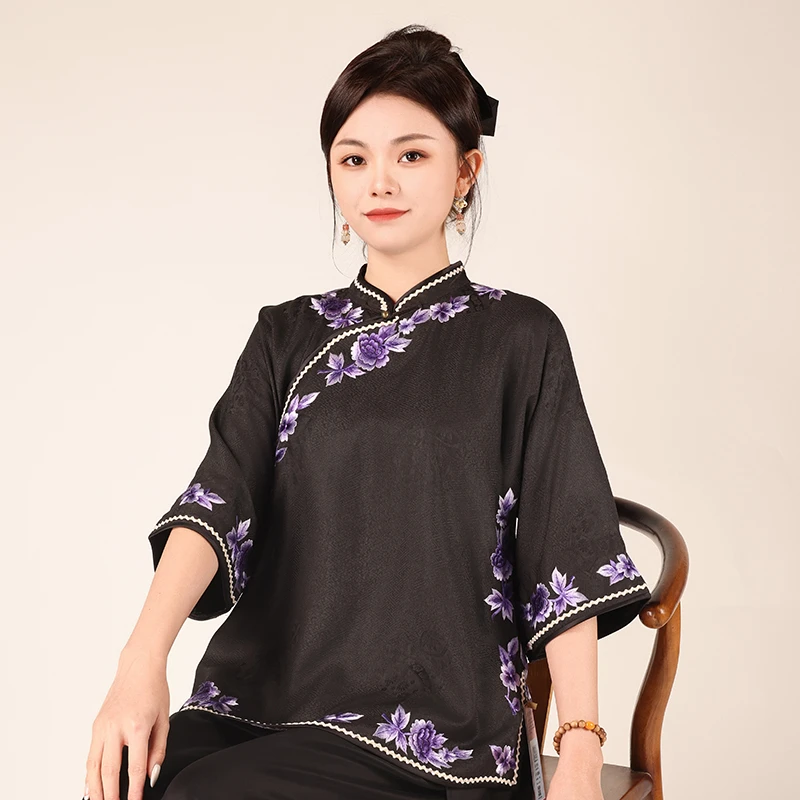 【青黛】复古新中式莨纱纯手工桑蚕丝夏季传统国风斜襟提花上衣