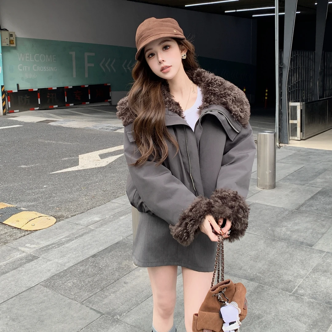 欧货大翻领加绒加厚羊 羔毛外套女2025冬新款棉服棉衣高端派克服