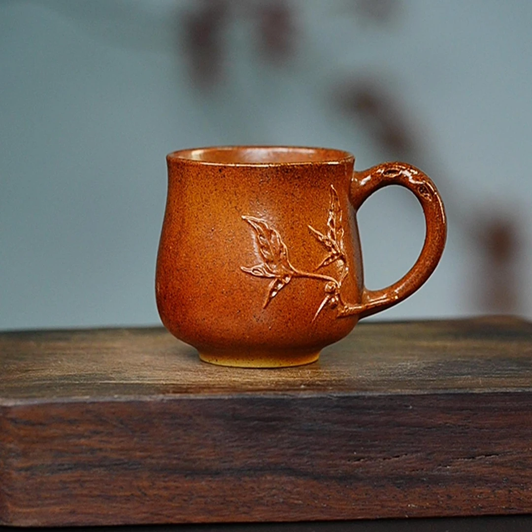 【0285寿桃把杯】宜兴原矿紫砂全手工柴烧茶器主人杯茶具