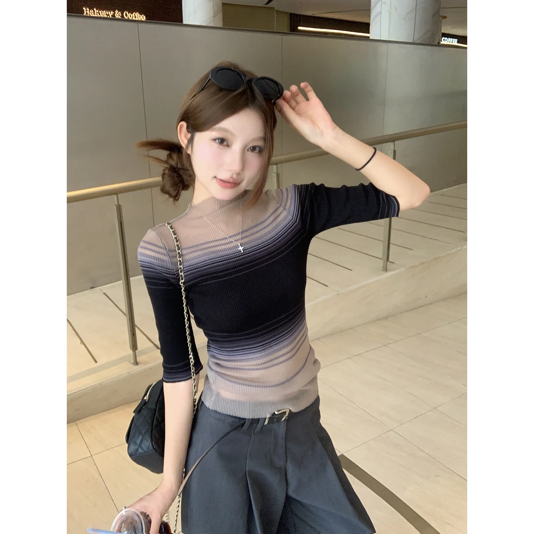 韩系港风透视网纱针织中袖t恤女夏季辣妹修身显瘦短款渐变色上衣