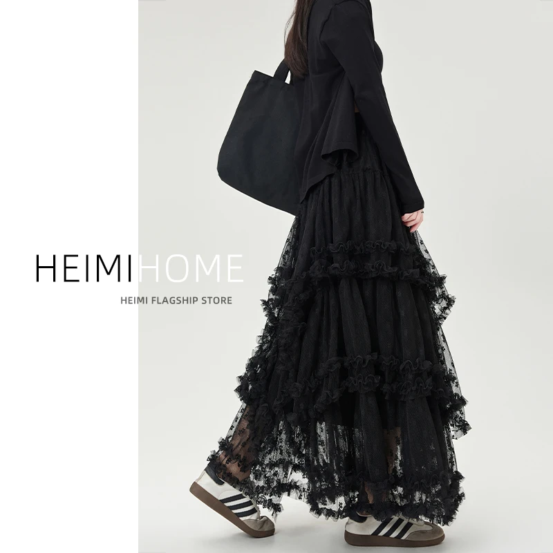黑色蕾丝花边蛋糕裙女春夏不规则蓬蓬裙中长款白色a字网纱半身裙