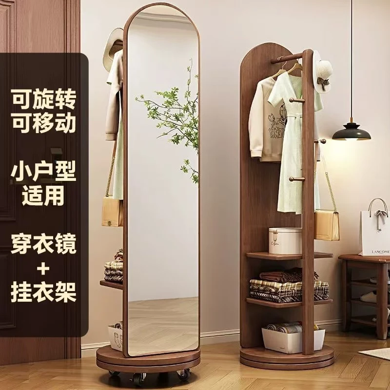 全身镜落地家用穿衣镜卧室可旋转移动试衣镜带挂衣架一体镜子显瘦