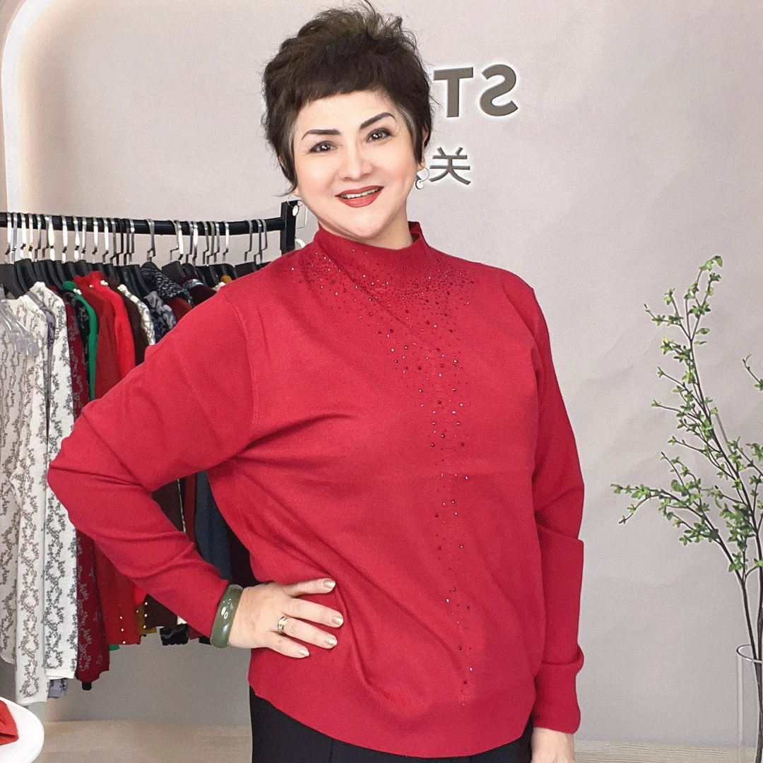 女士半高领长袖纯色镶钻时尚提花毛衣#5014