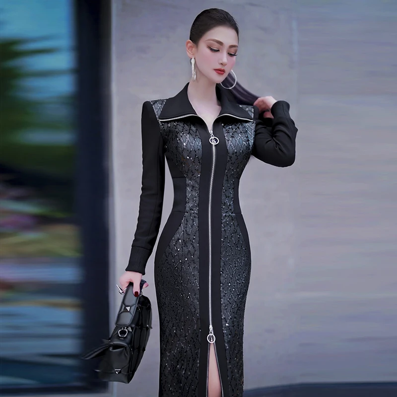 原创商务风亮片撞色拼接休闲风衣式长裙2024秋季欧美帅气翻领外套