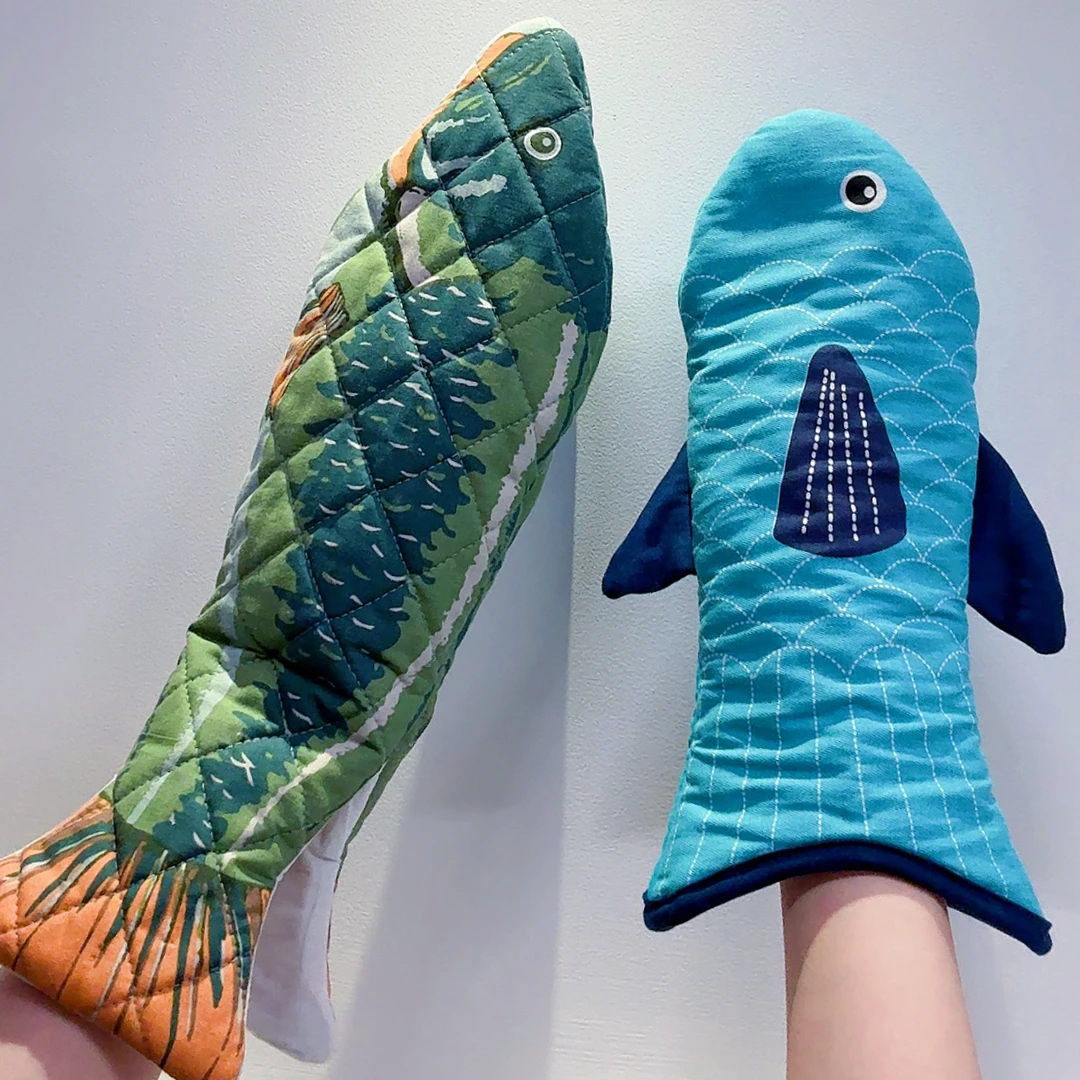 年年有鱼厨房烤箱烘焙全棉隔热手套大号厚实卡通鱼造型大小姐自用