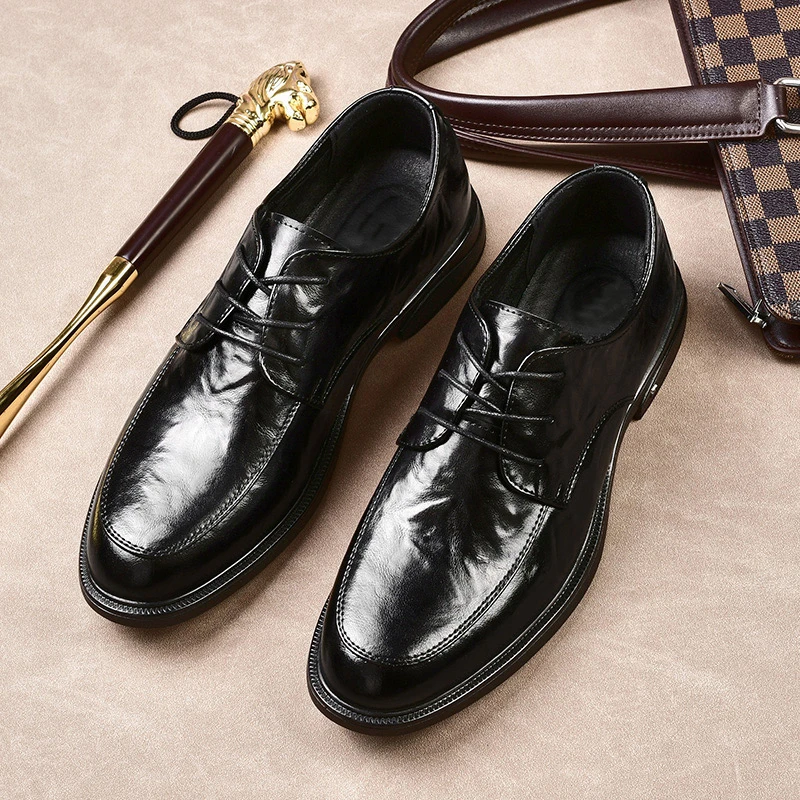 5619男士皮鞋爆款薄底系带商务时尚休闲百搭潮流圆头英伦手抓纹鞋