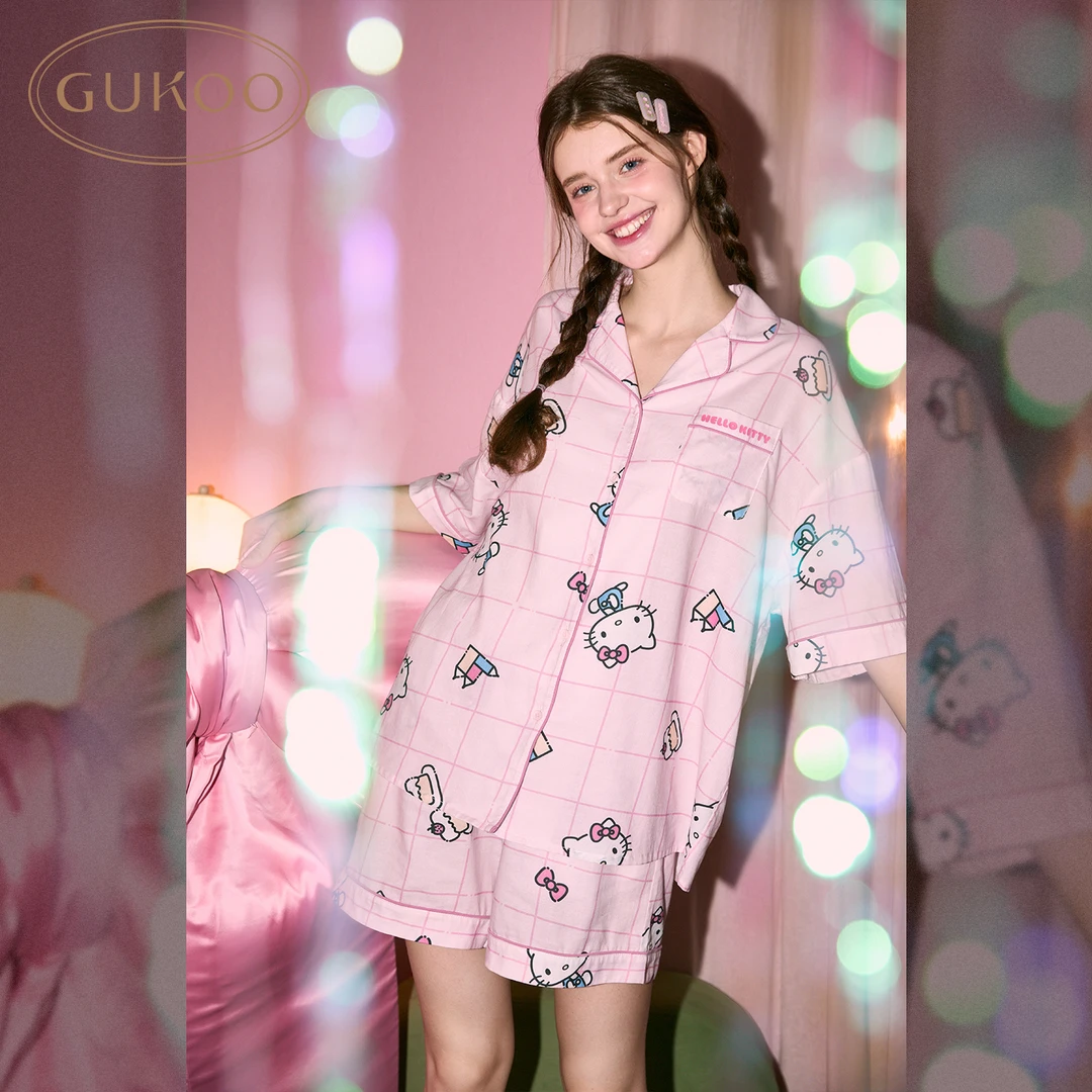 Gukoo/果壳hellokitty格纹短袖家居服夏季少女睡衣甜美粉色