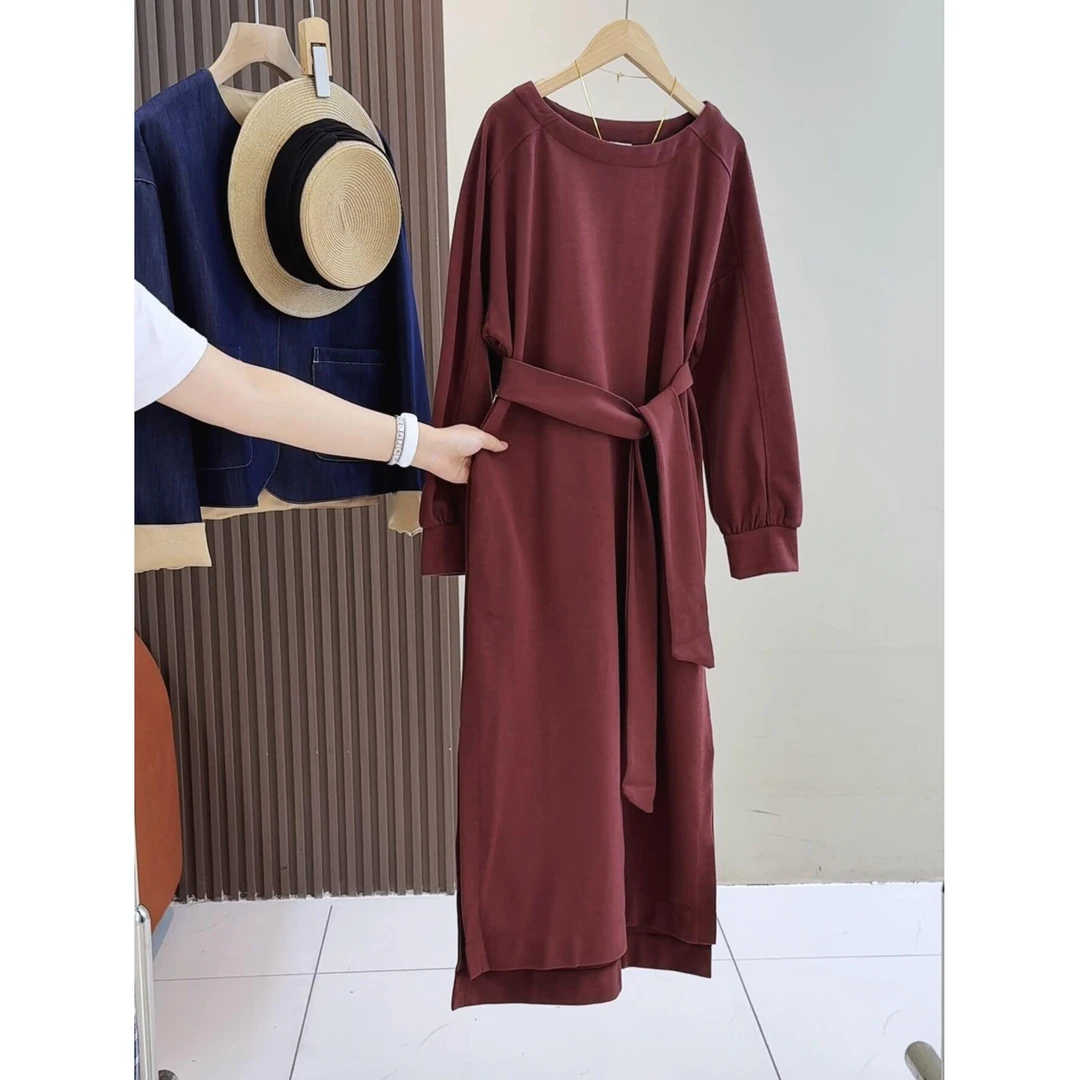 法式新款秋季宽松长袖小众连衣裙女气质系带收腰显瘦开叉中长裙