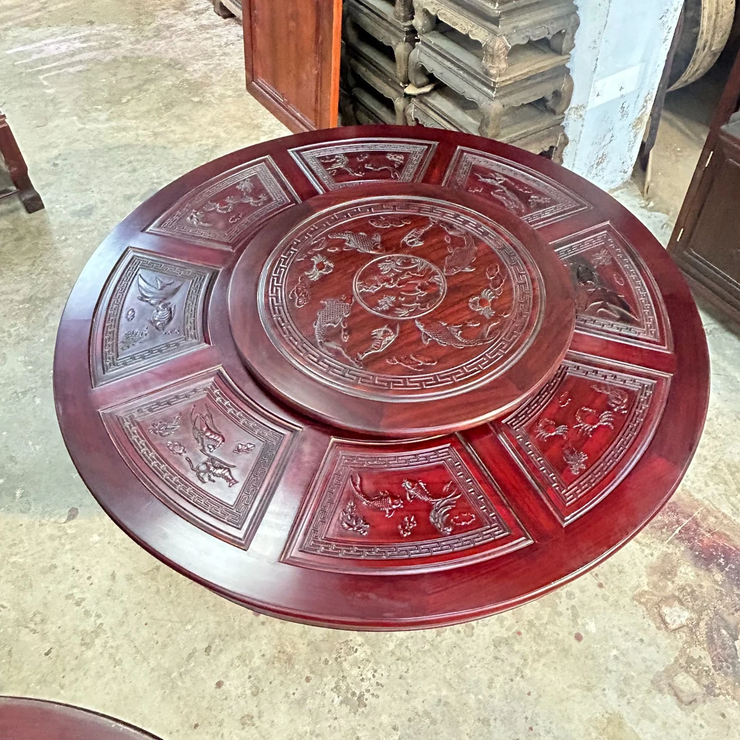 新【东非酸枝】复合链接圆桌台家用餐桌饭桌酸枝全实木榫卯送玻璃