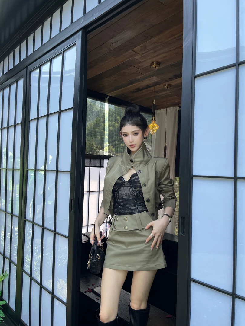 ChiclyNana  早秋套装复古立领单排扣长袖风衣短款上衣高腰半裙女