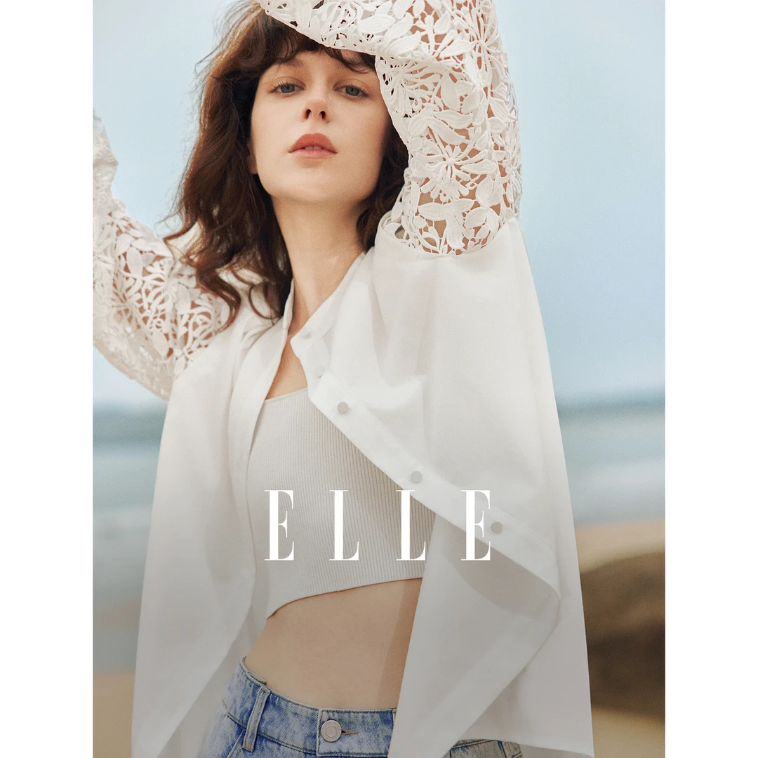 ELLE蕾丝镂空宽松长袖白色衬衫女士2025夏季新款小众衬衣EC50801