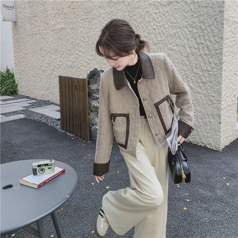 轻薄小香风菱格棉服女2025冬新款拼接PU皮翻领小个子短款夹棉外套
